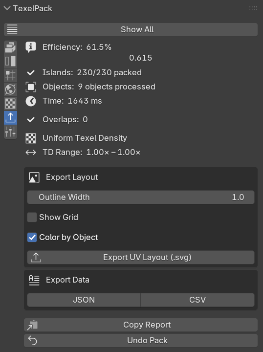 Export category panel in TexelPack.