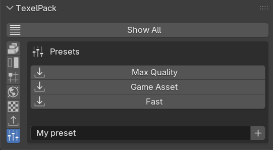 Presets category panel in TexelPack.